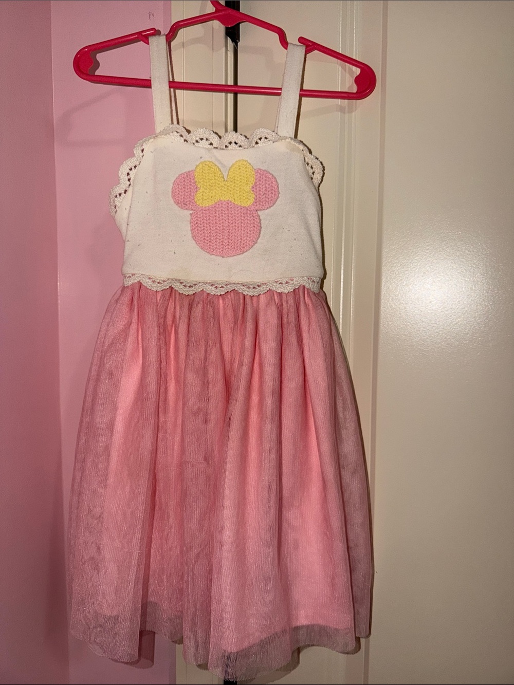 Disney Pink and White Tulle Dress with Yellow Bow Appliqué